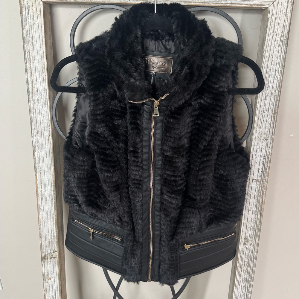 Ci Sono by Catalina Women's Black Faux Fur and Faux Leather Vest Size Small